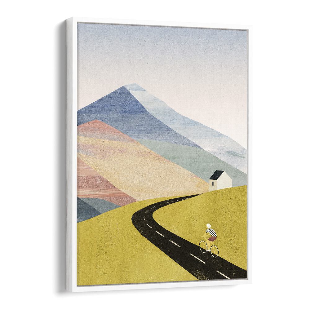 Cycling home Landscape Art Artwork in White Floater Frame