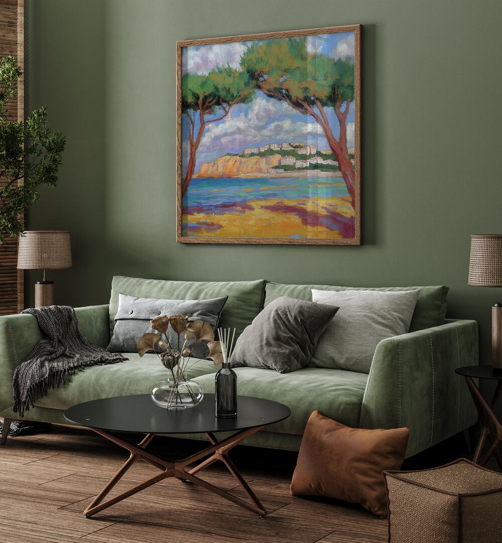 Serene living room featuring Cypress Trees on the Beach artwork, capturing coastal tranquility and charm.