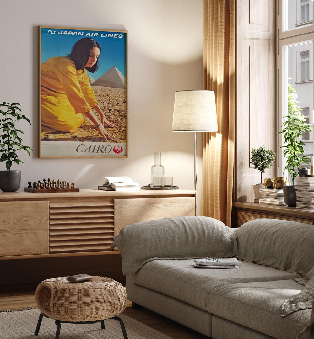 Cairo Retro Vintage Travel Vintage Travel Posters in Oak Wood Plain Frame on a wall above  a console table beside a lamp