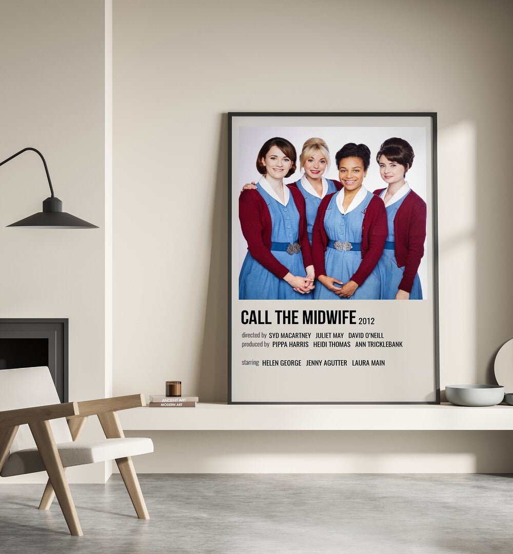 Call The Midwife 2012 Movie Posters in Black Plain Frame place on a wall behind a chair beside lamp