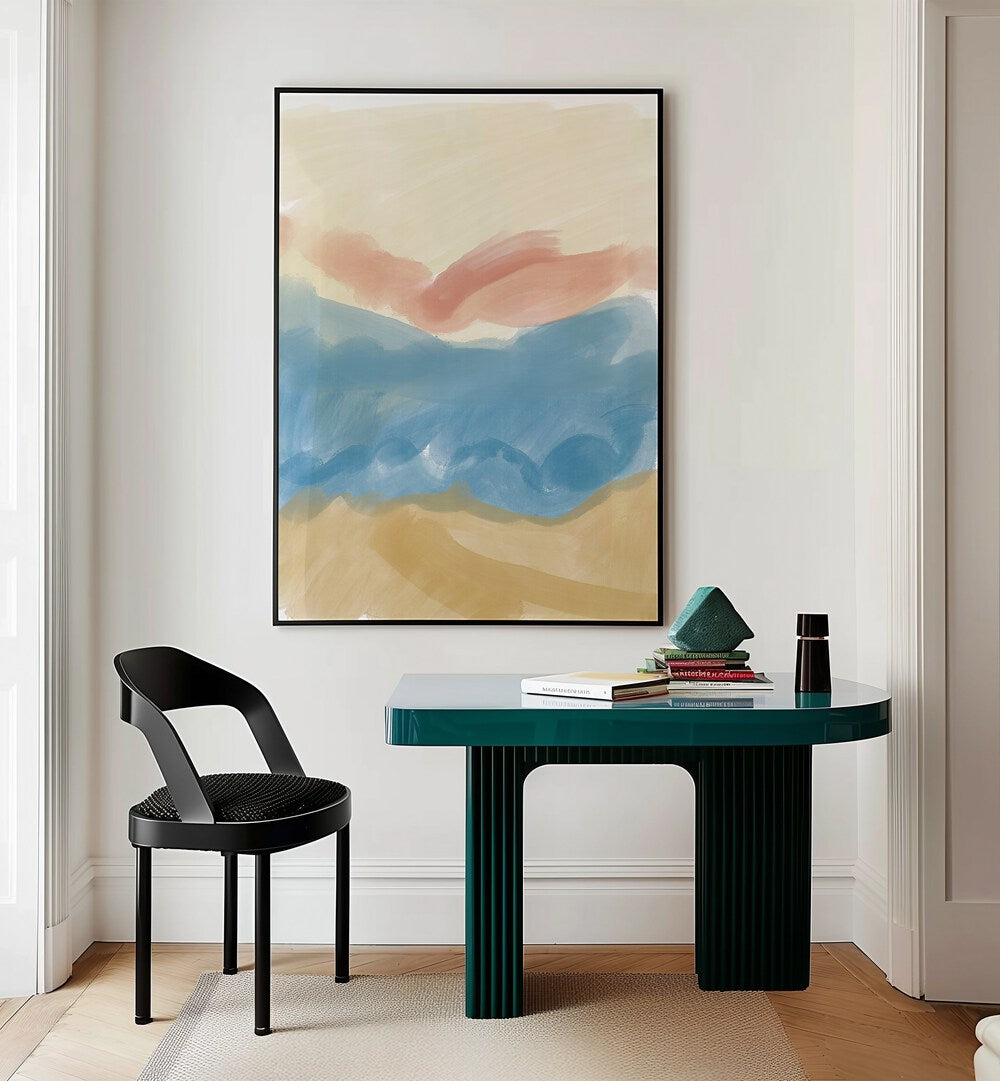 Calming Brush Strokes by Nilesh Kulkarni Abstract Paintings in Black Plain Frame placed on a wall behind a study table