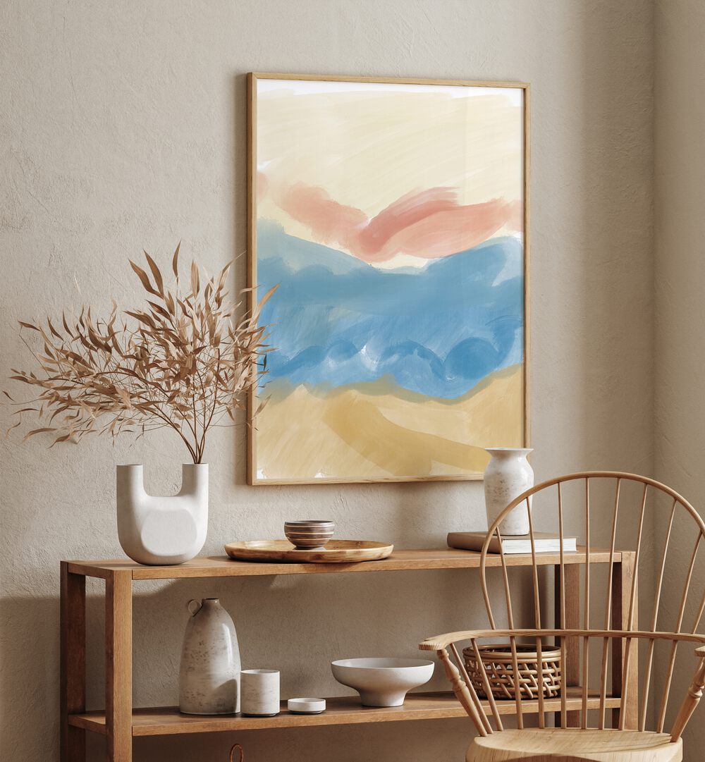 Calming Brush Strokes by Nilesh Kulkarni Abstract Paintings in Oak Wood Plain Frame placed on a wall in the corner of a room behind a table