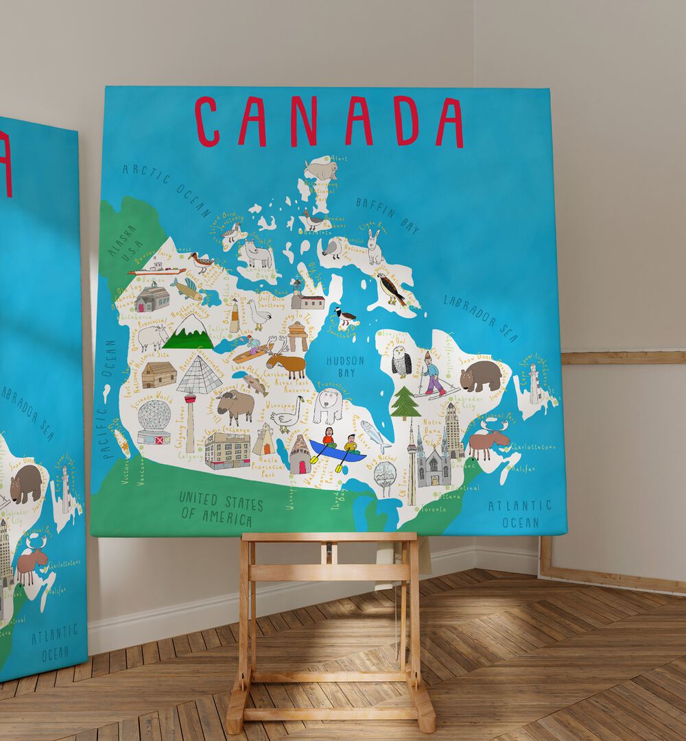 Canada Map Illustration By Carla Daly Kids Painting  placed on a wall