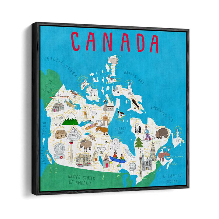 Canada Map Illustration By Carla Daly Kids Painting in Black Floater Frame