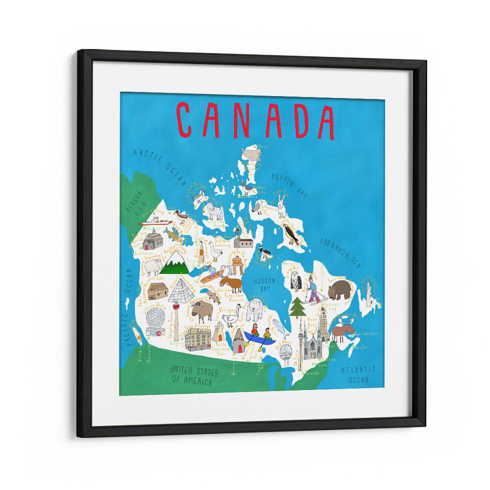 Canada Map Illustration By Carla Daly Kids Painting in Black Frame With Mount