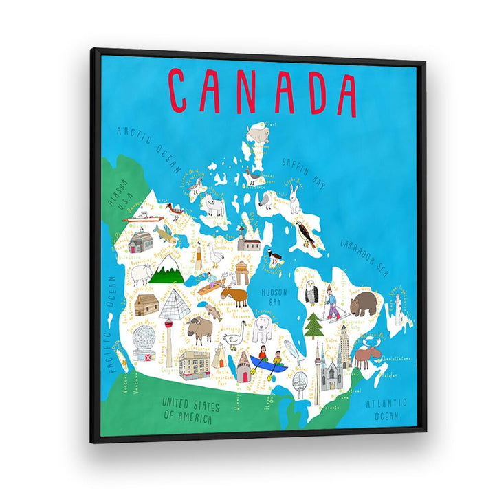 Canada Map Illustration By Carla Daly Kids Painting in Black Plain Frame