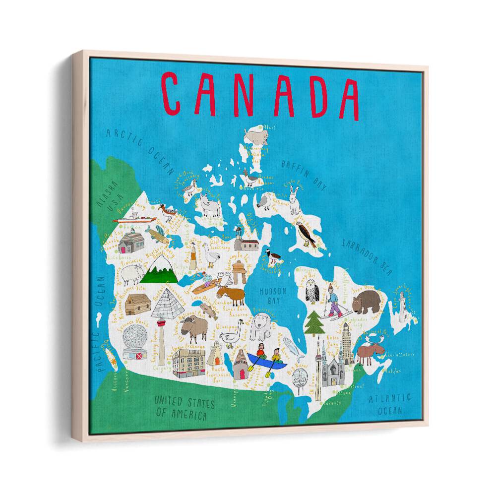 Canada Map Illustration By Carla Daly Kids Painting in Oak Wood Floater Frame