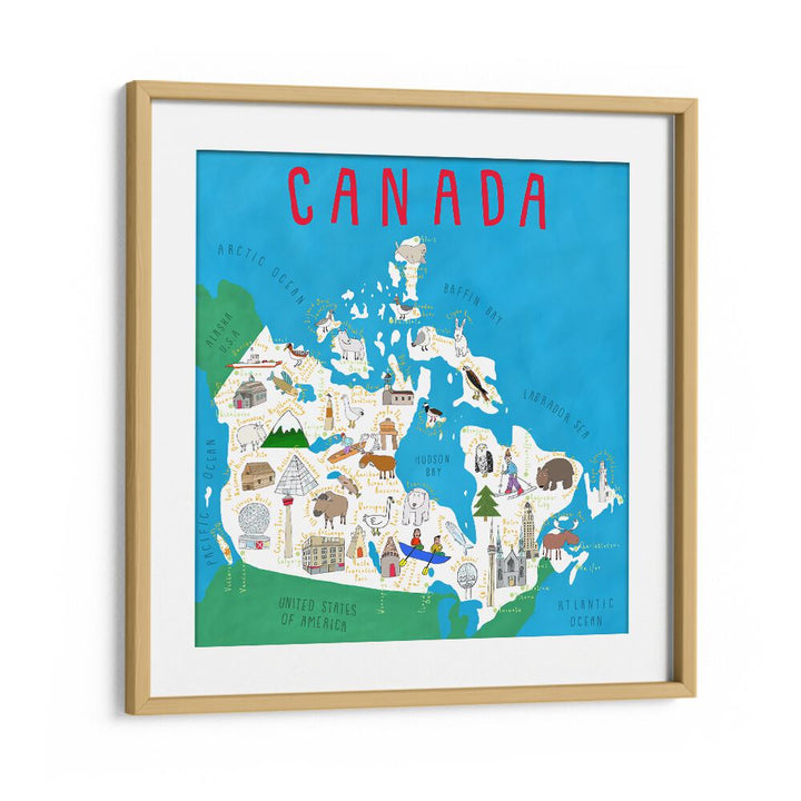 Canada Map Illustration By Carla Daly Kids Painting in Oak Wood Frame With Mount