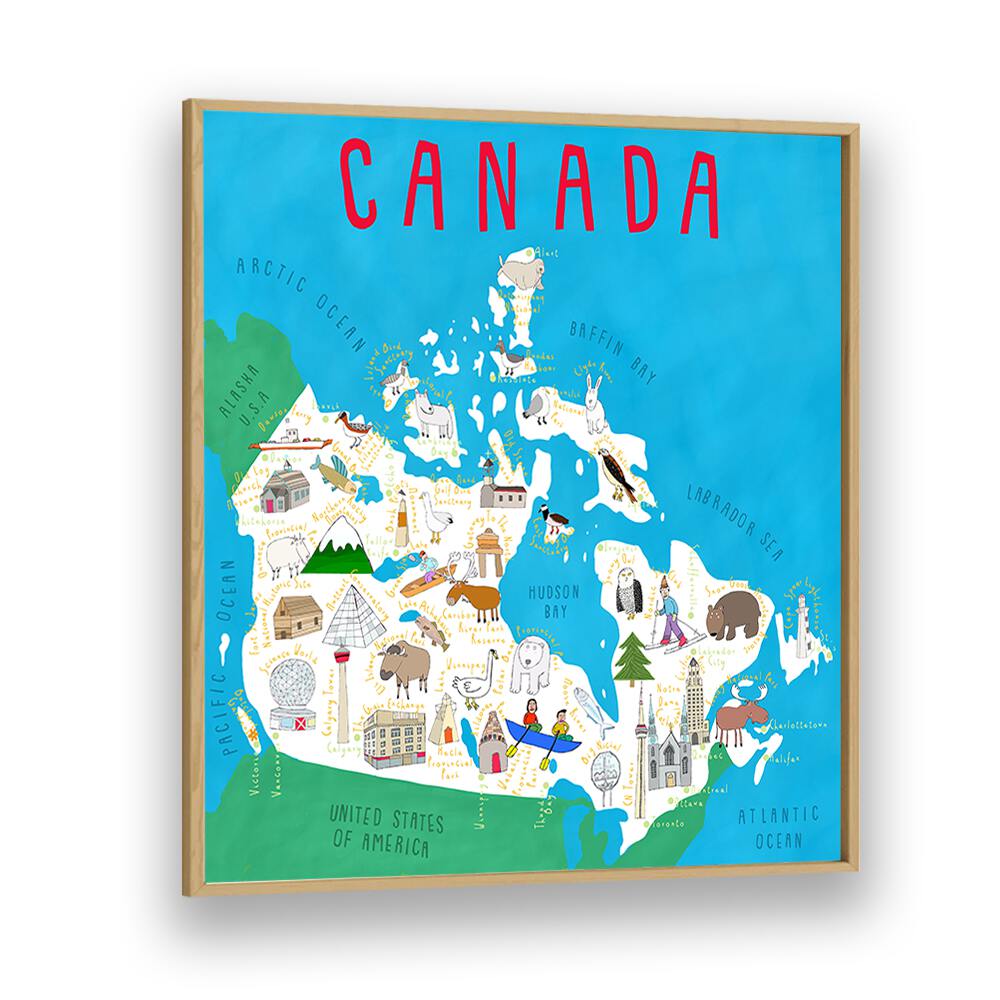 Canada Map Illustration By Carla Daly Kids Painting in Oak Wood Plain Frame