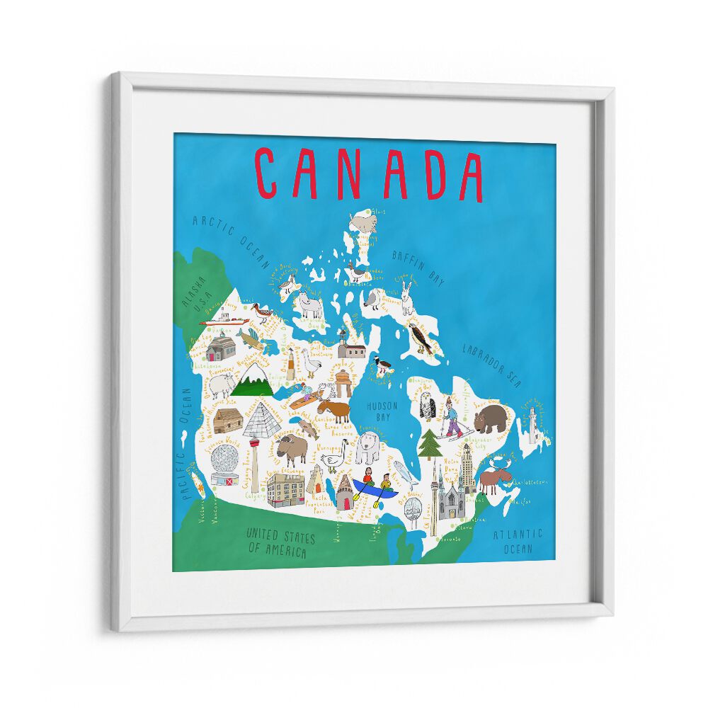 Canada Map Illustration By Carla Daly Kids Painting in White Frame With Mount