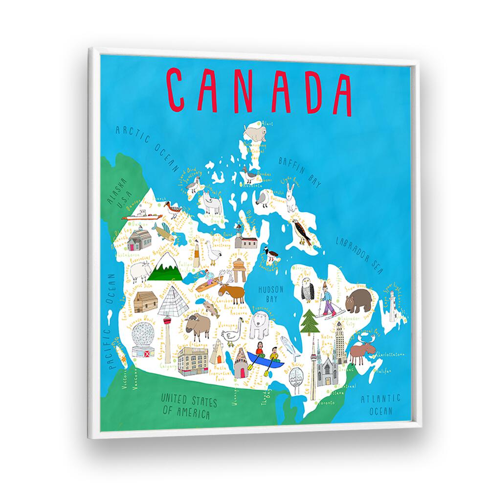 Canada Map Illustration By Carla Daly Kids Painting in White Plain Frame