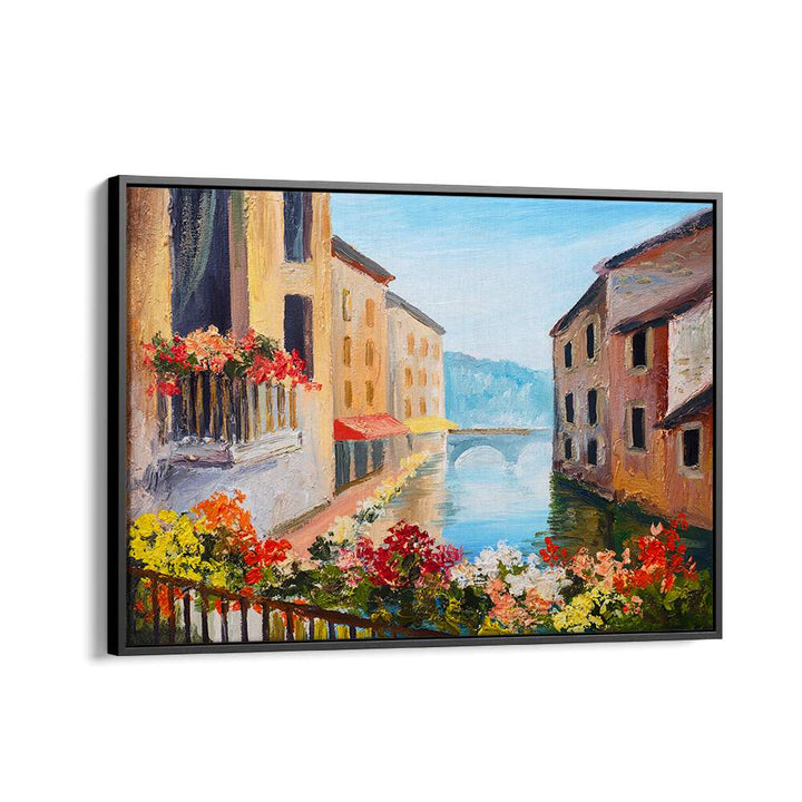 Colorful canalside scene featuring vintage European paintings, perfect for adding charm to your decor. CANALSIDE MEMORIES, VINTAGE EUROPEAN PAINTINGS.