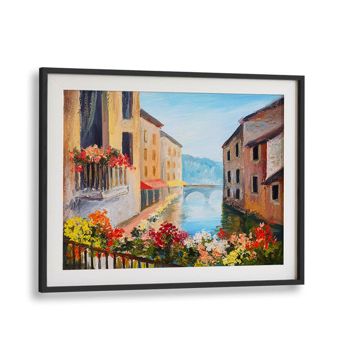 Serene canalside scene featuring vibrant flowers and vintage architecture, part of CANALSIDE MEMORIES, VINTAGE EUROPEAN PAINTINGS.
