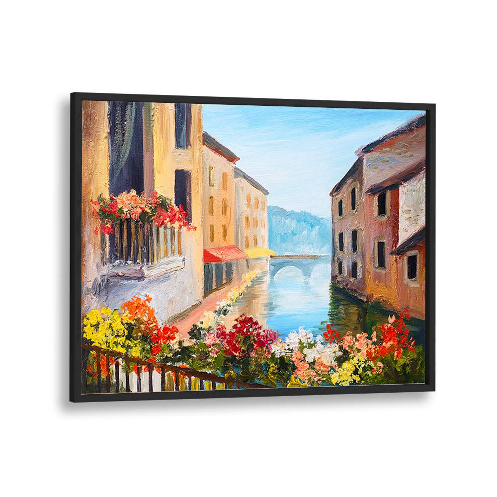 Canalside Memories, vintage European paintings featuring charming waterways and vibrant flowers in a black frame.