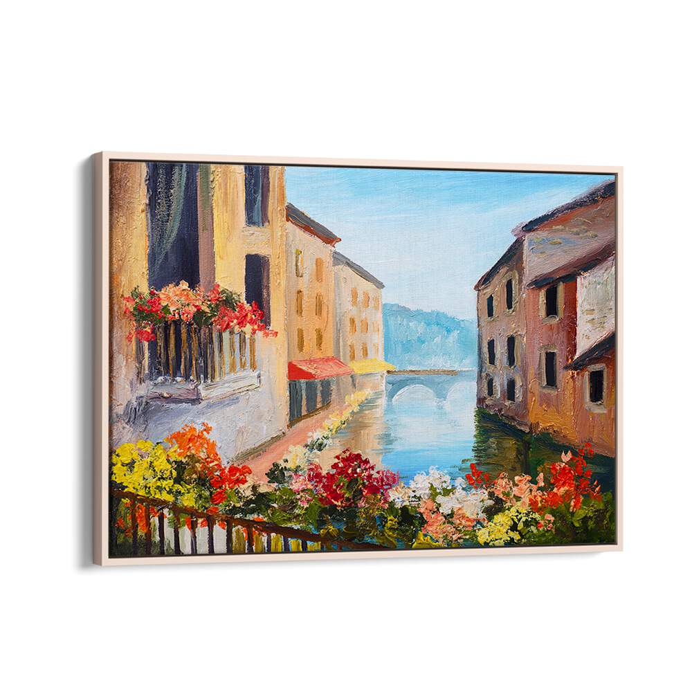 Beautiful canalside scene in vibrant colors, showcasing CANALSIDE MEMORIES, VINTAGE EUROPEAN PAINTINGS for timeless elegance.