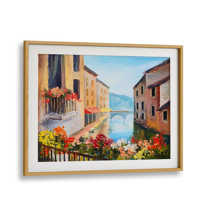 Charming CANALSIDE MEMORIES, VINTAGE EUROPEAN PAINTINGS in an oak frame, showcasing serene waterways and vibrant florals.