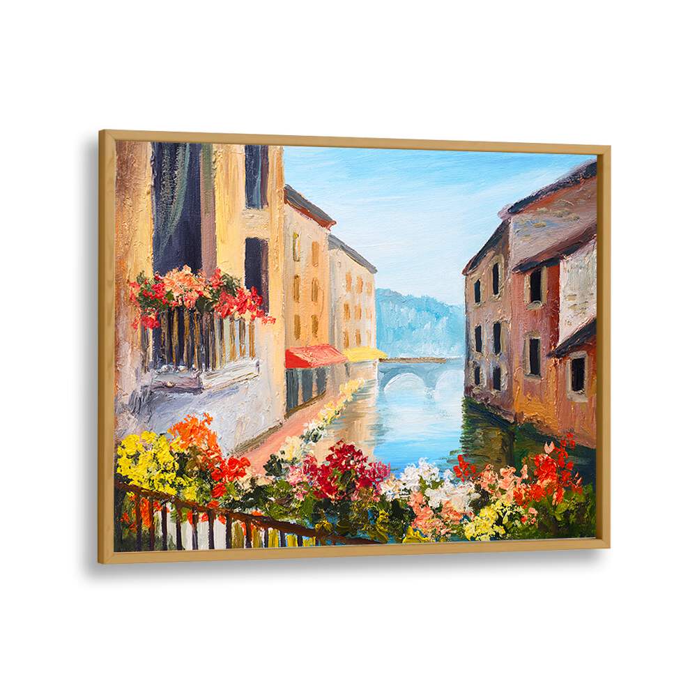 Stunning CANALSIDE MEMORIES, VINTAGE EUROPEAN PAINTINGS in oak frame, showcasing serene waterways and floral charm.