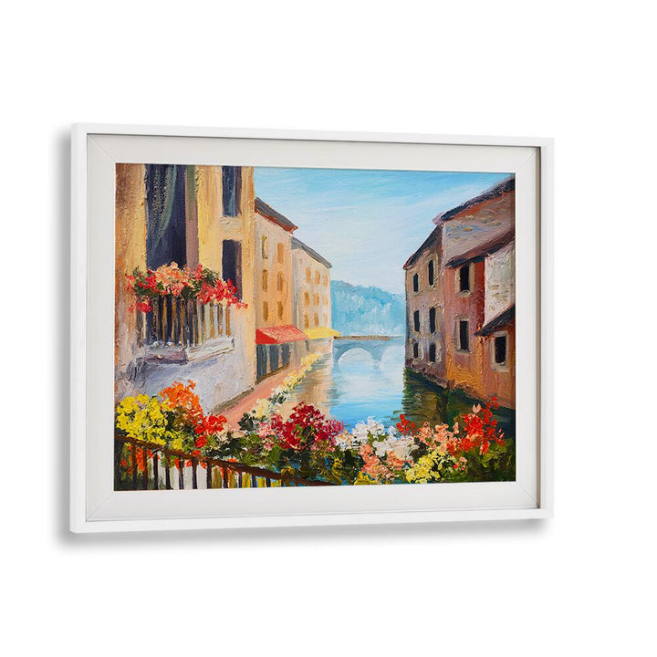 Charming canalside scene in a white frame, showcasing CANALSIDE MEMORIES, VINTAGE EUROPEAN PAINTINGS collection.