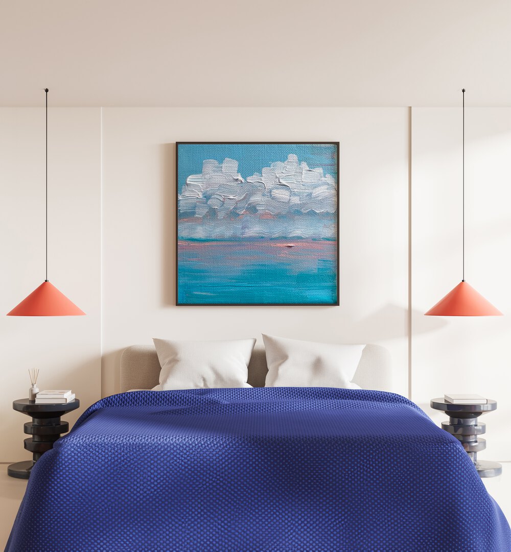 Candy Sunrise By Key And Sea Creative Landscape Art in Black Plain Frame behind a bed for bed room