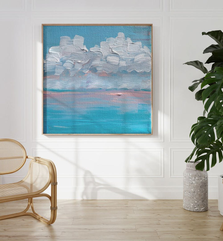 Candy Sunrise By Key And Sea Creative Landscape Art in Oak Wood Plain Frame on a white wall beside a plant