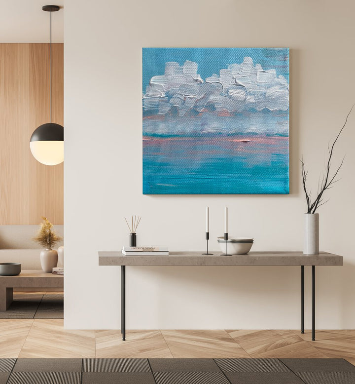 Candy Sunrise By Key And Sea Creative Landscape Art in Gallery Wrap on a cream wall above a table