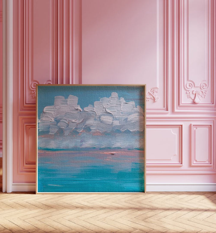 Candy Sunrise By Key And Sea Creative Landscape Art in Oak Wood Plain Frame on a wooden floor beside a window