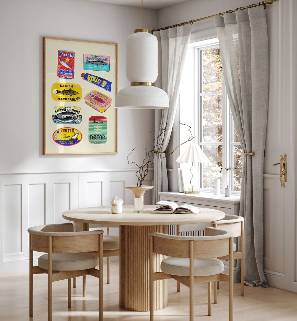 Canned Fish by Studio Mandariini Kitchen Posters Kitchen Art Prints in Oak Wood Plain Frame placed on the wall in a dining room area beside a window and behind a dining table