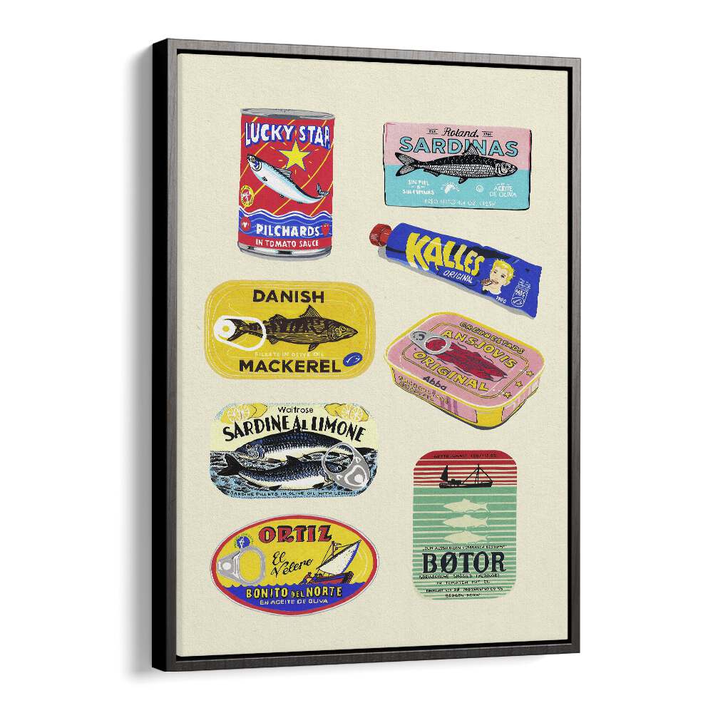 Canned Fish by Studio Mandariini Kitchen Posters Kitchen Art Prints in Black Floater Frame