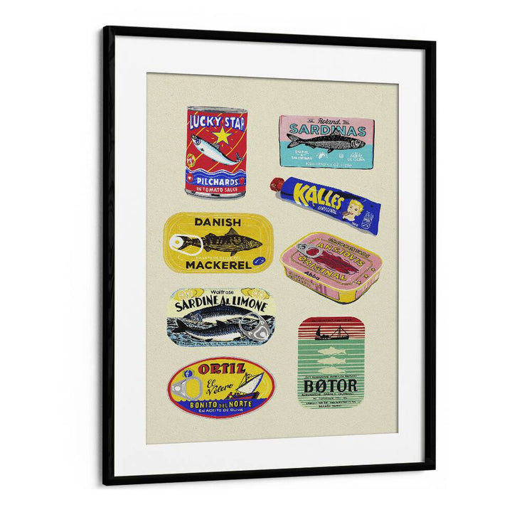 Canned Fish by Studio Mandariini Kitchen Posters Kitchen Art Prints in Black Frame With Mount