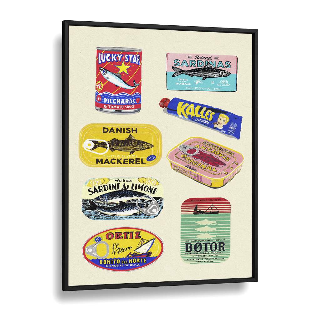 Canned Fish by Studio Mandariini Kitchen Posters Kitchen Art Prints in Black Plain Frame