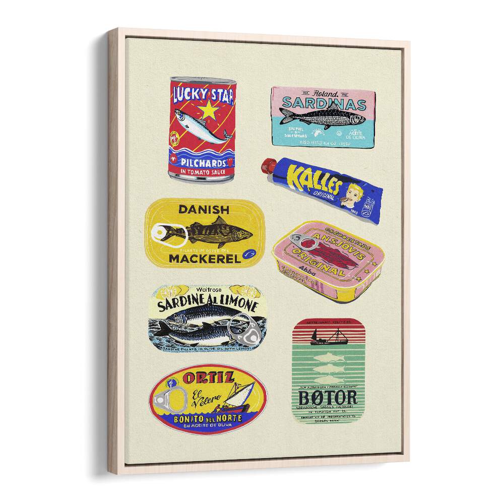 Canned Fish by Studio Mandariini Kitchen Posters Kitchen Art Prints in Oak Wood Floater Frame