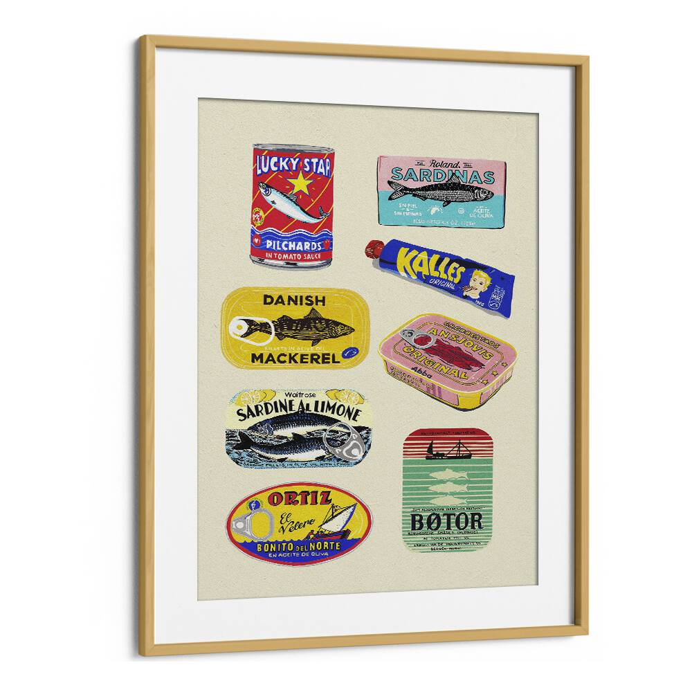 Canned Fish by Studio Mandariini Kitchen Posters Kitchen Art Prints in Oak Wood Frame With Mount