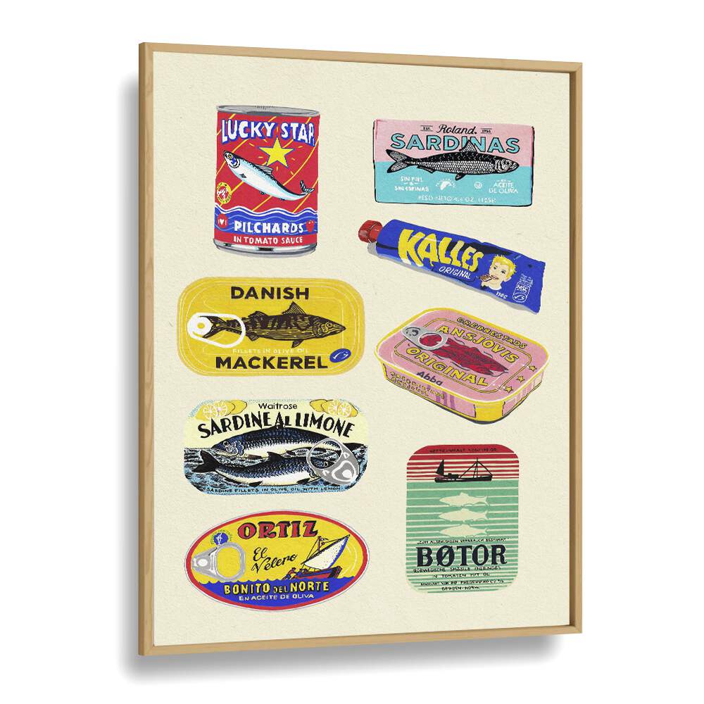 Canned Fish by Studio Mandariini Kitchen Posters Kitchen Art Prints in Oak Wood Plain Frame