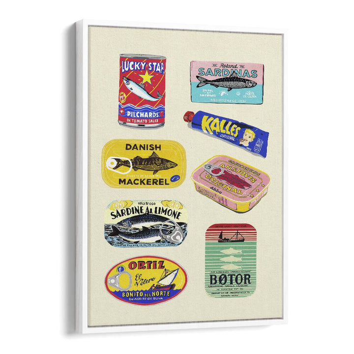 Canned Fish by Studio Mandariini Kitchen Posters Kitchen Art Prints in White Floater Frame