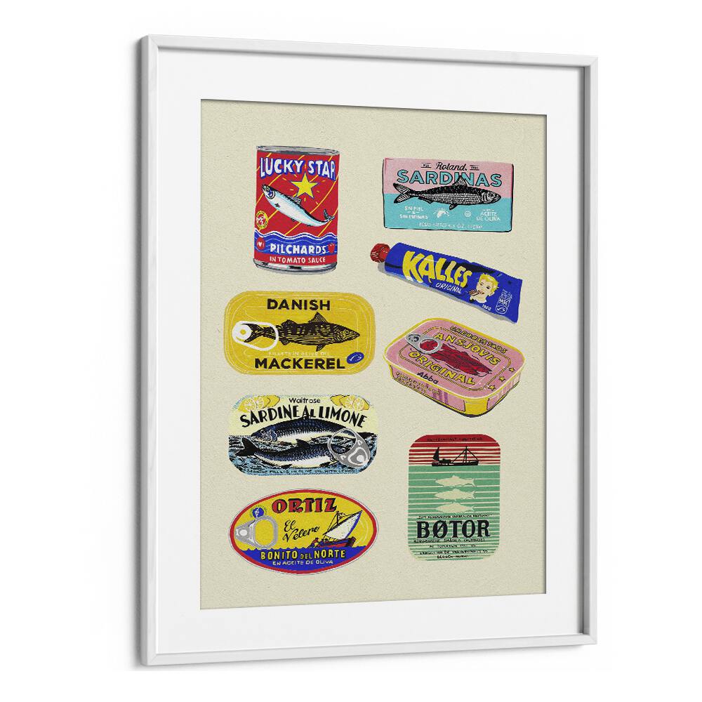 Canned Fish by Studio Mandariini Kitchen Posters Kitchen Art Prints in White Frame With Mount