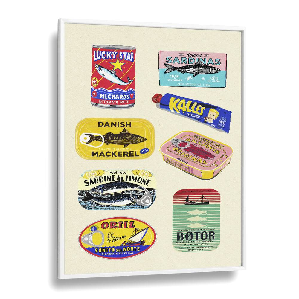 Canned Fish by Studio Mandariini Kitchen Posters Kitchen Art Prints in White Plain Frame