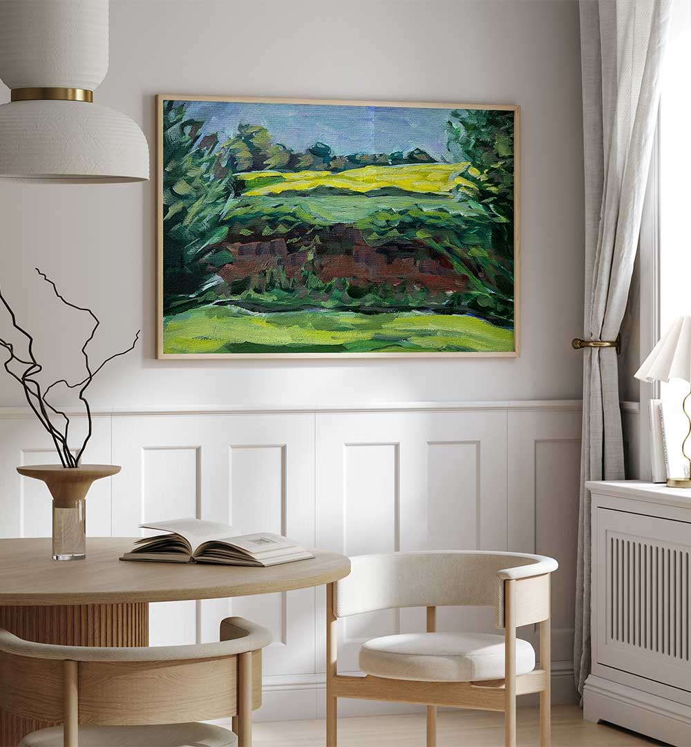 CANOLA FIELD , LANDSCAPE PAINTINGS showcasing sunlit yellow blooms and rolling countryside, serene wall art