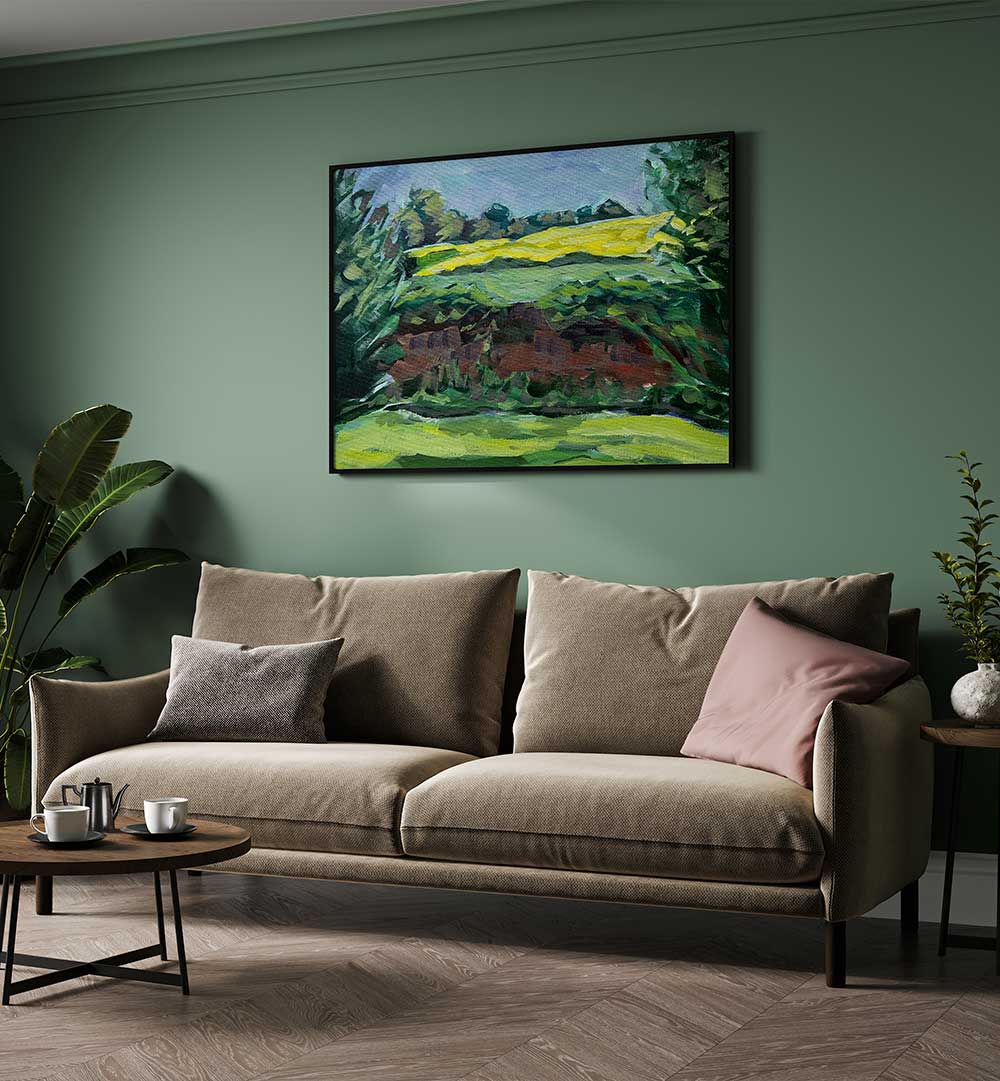 Framed CANOLA FIELD , LANDSCAPE PAINTINGS: sunlit yellow rolling countryside over sofa in green living room