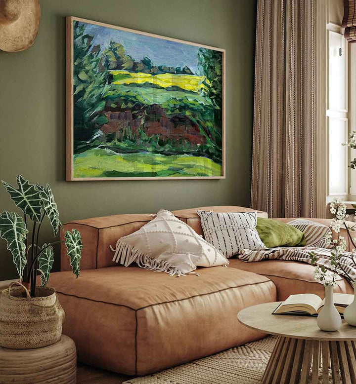 Framed CANOLA FIELD , LANDSCAPE PAINTINGS with sunlit yellow blooms over rolling countryside displayed in a cozy living room