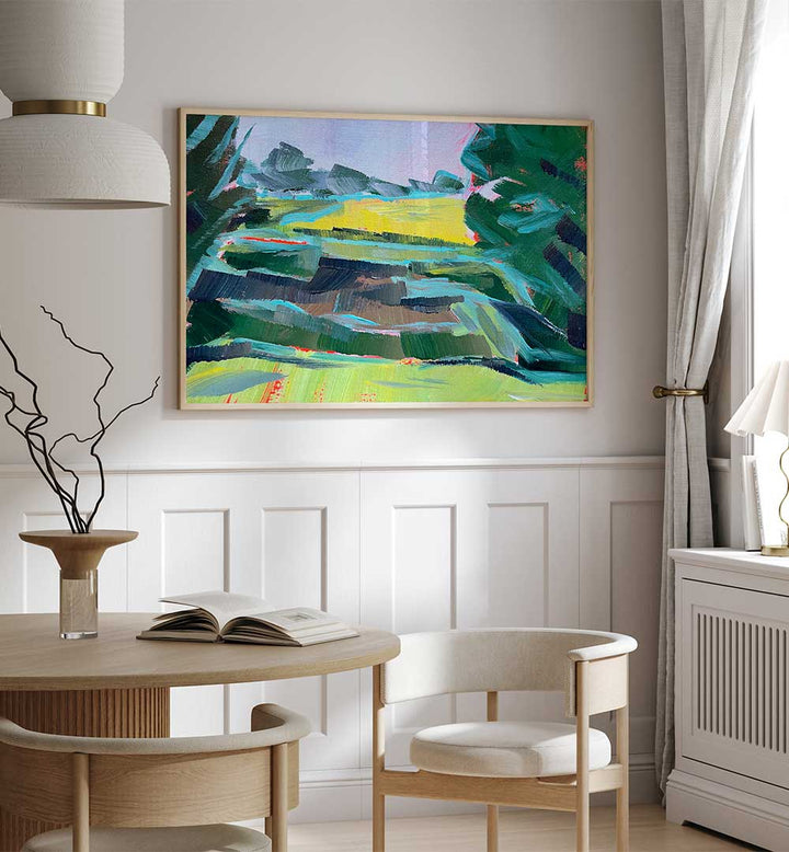 CANOLA FIELD DEUX , LANDSCAPE PAINTINGS framed vibrant canola field landscape hanging above dining table in modern room