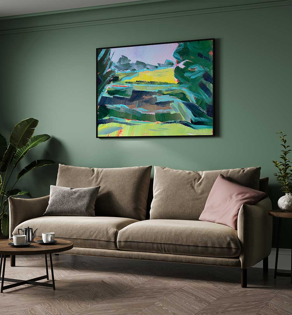 CANOLA FIELD DEUX , LANDSCAPE PAINTINGS vibrant golden canola field painting over sofa in green living room