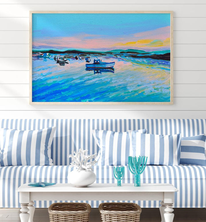 Cape Porpoise Pier By Key And Sea Creative Landscape Art in Oak Wood Plain Frame behind a sofa on a white wall