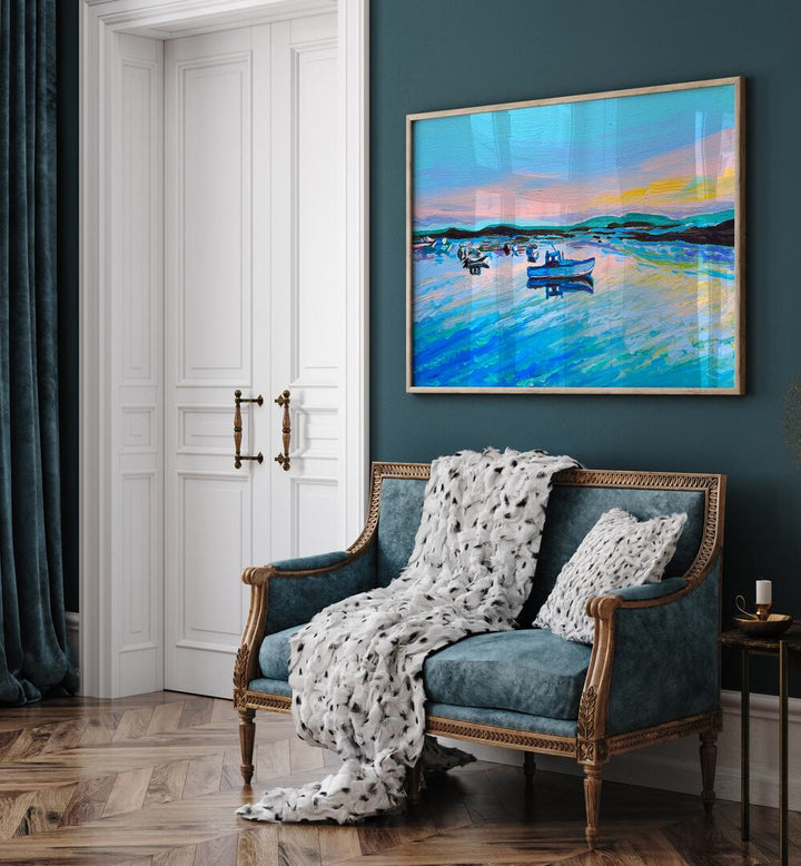 Cape Porpoise Pier By Key And Sea Creative Landscape Art in Oak Wood Plain Frame behind a sofa on a green wall