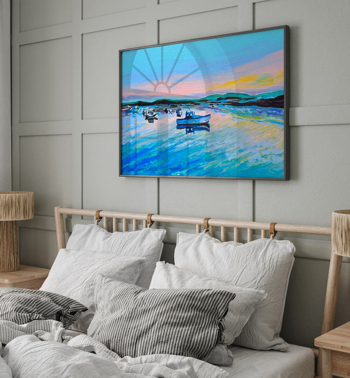 Cape Porpoise Pier By Key And Sea Creative Landscape Art in Black Plain Frame behind a bed for bedroom