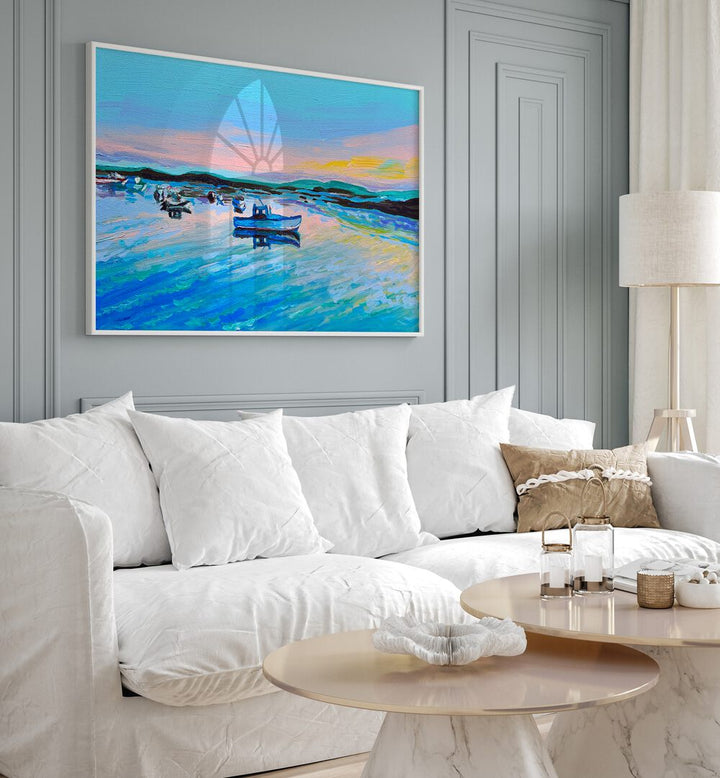 Cape Porpoise Pier By Key And Sea Creative Landscape Art in White Plain Frame behind a white sofa for living room