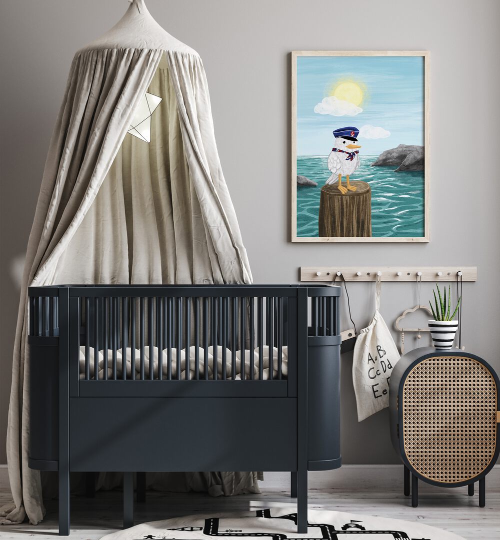 Whimsical CAPTAIN SEAGULL, KIDS ROOM PAINTINGS brighten up a stylish nursery with playful coastal vibes.