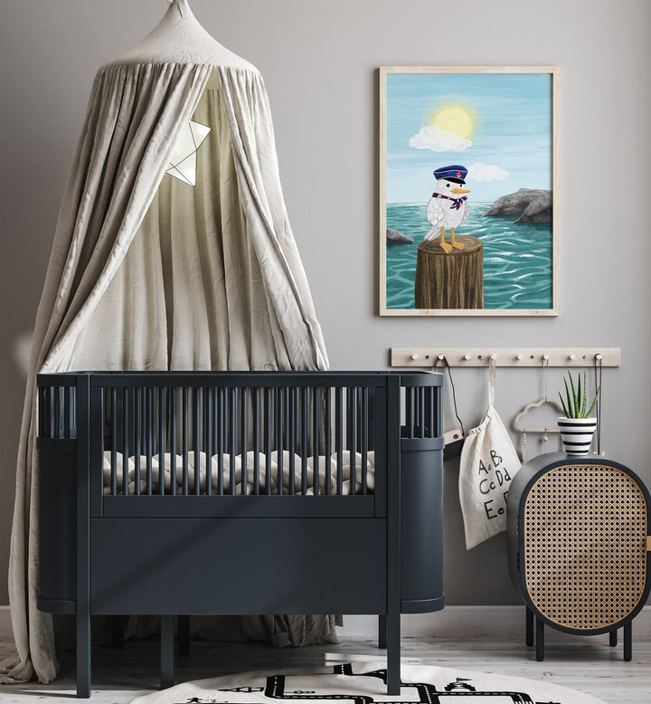 Whimsical CAPTAIN SEAGULL, KIDS ROOM PAINTINGS brighten up a stylish nursery with playful coastal vibes.