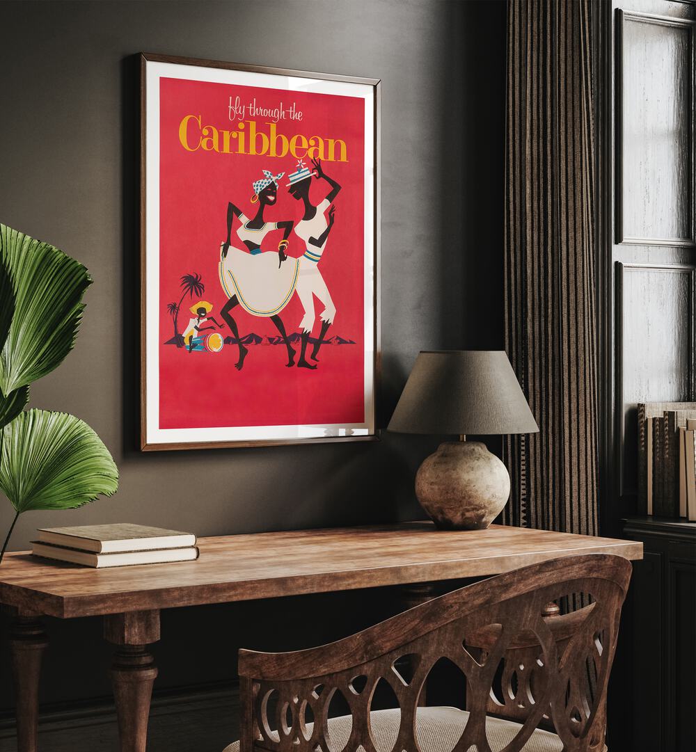 Caribbean  Retro Travel Posters in Oak Wood Plain Frame placed on a wall behind a study table