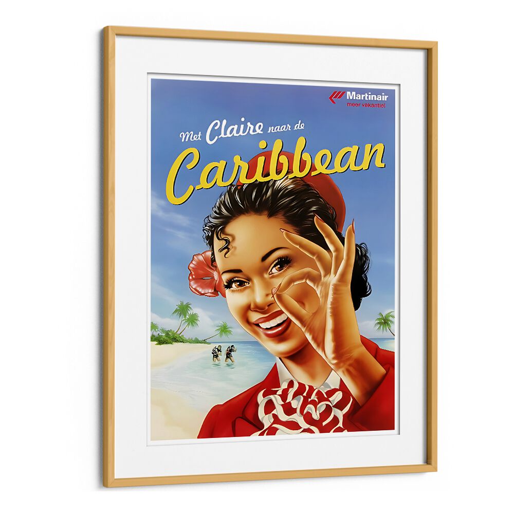 Caribbean Vintage Travel Posters in Oak Wood Frame With Mount