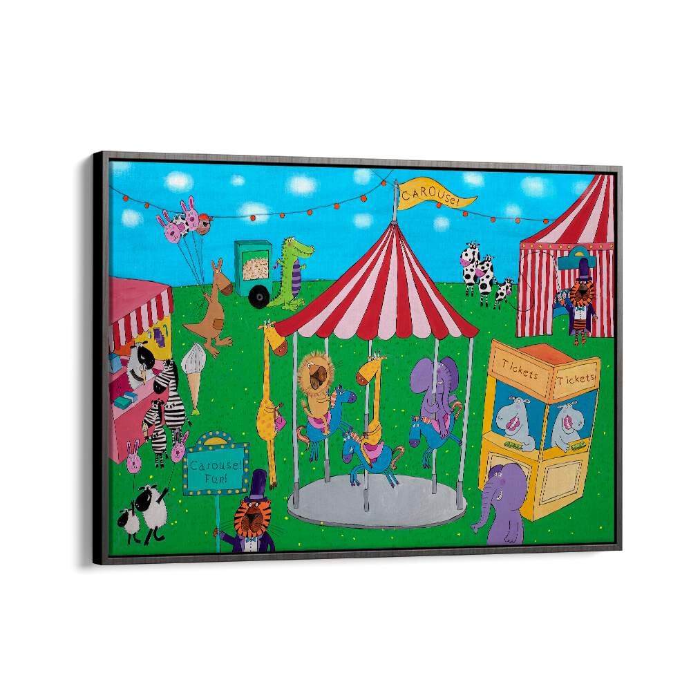 Carousel Fun With Animals By Carla Daly Kids Room Art in Black Floater Frame